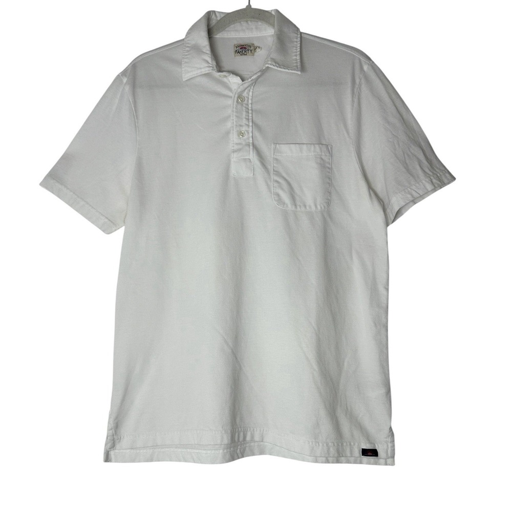 Faherty Brand Polo Shirt Mens Medium White Short Sleeve Casual Pocket Basic